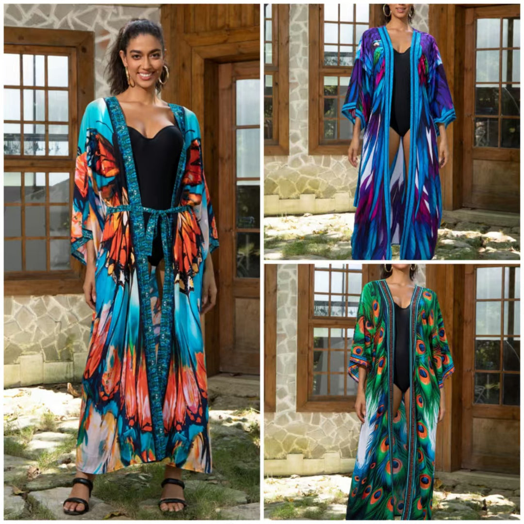 Dame Schal-Kimono med livlige fjerdesigns Stilla