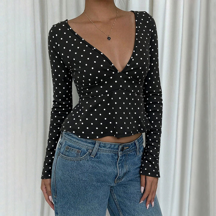 Kvinders bluse skjorte med peplum-snit og prikket mønster Stilla