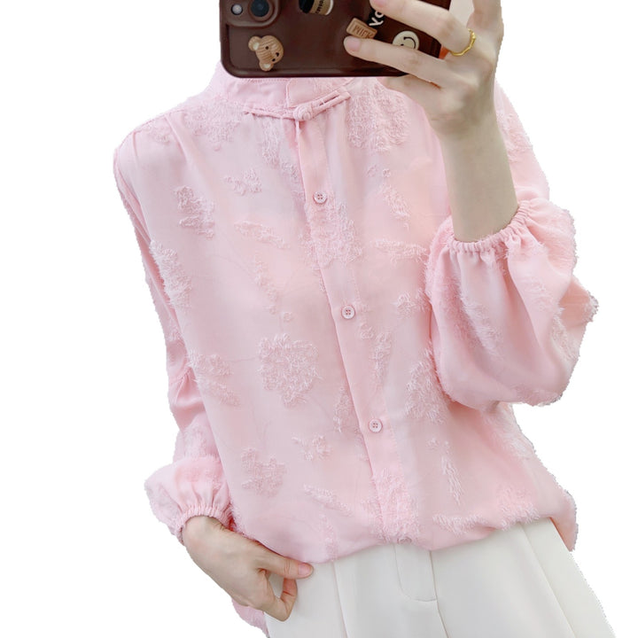 Damebluse med blomstret broderedesign og elastiske ærmer Stilla