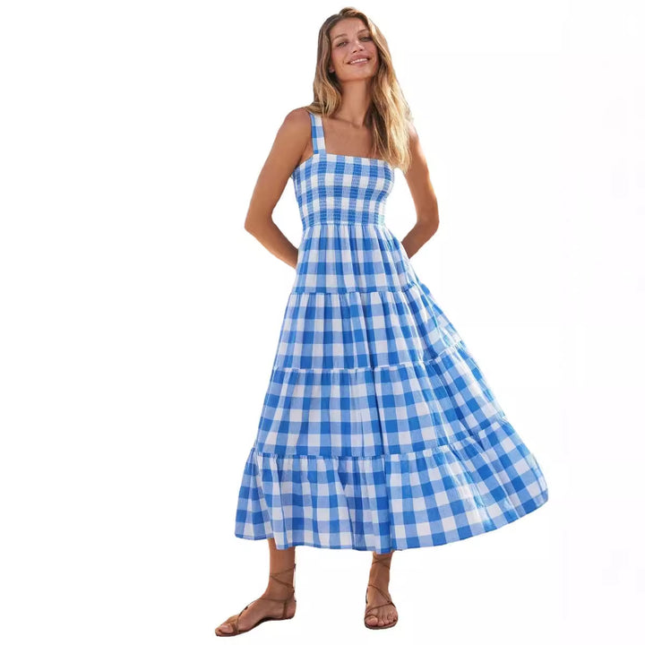Dame maxikjole med ternet design og elegant, flydende snit Stilla