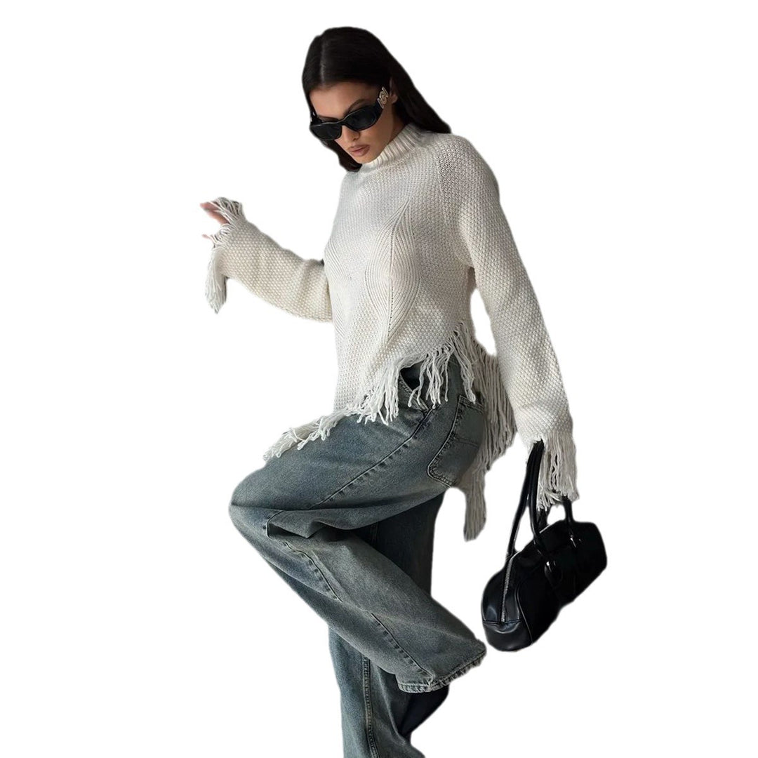 Kvinders tykkestrikkede sweater med frynser Stilla