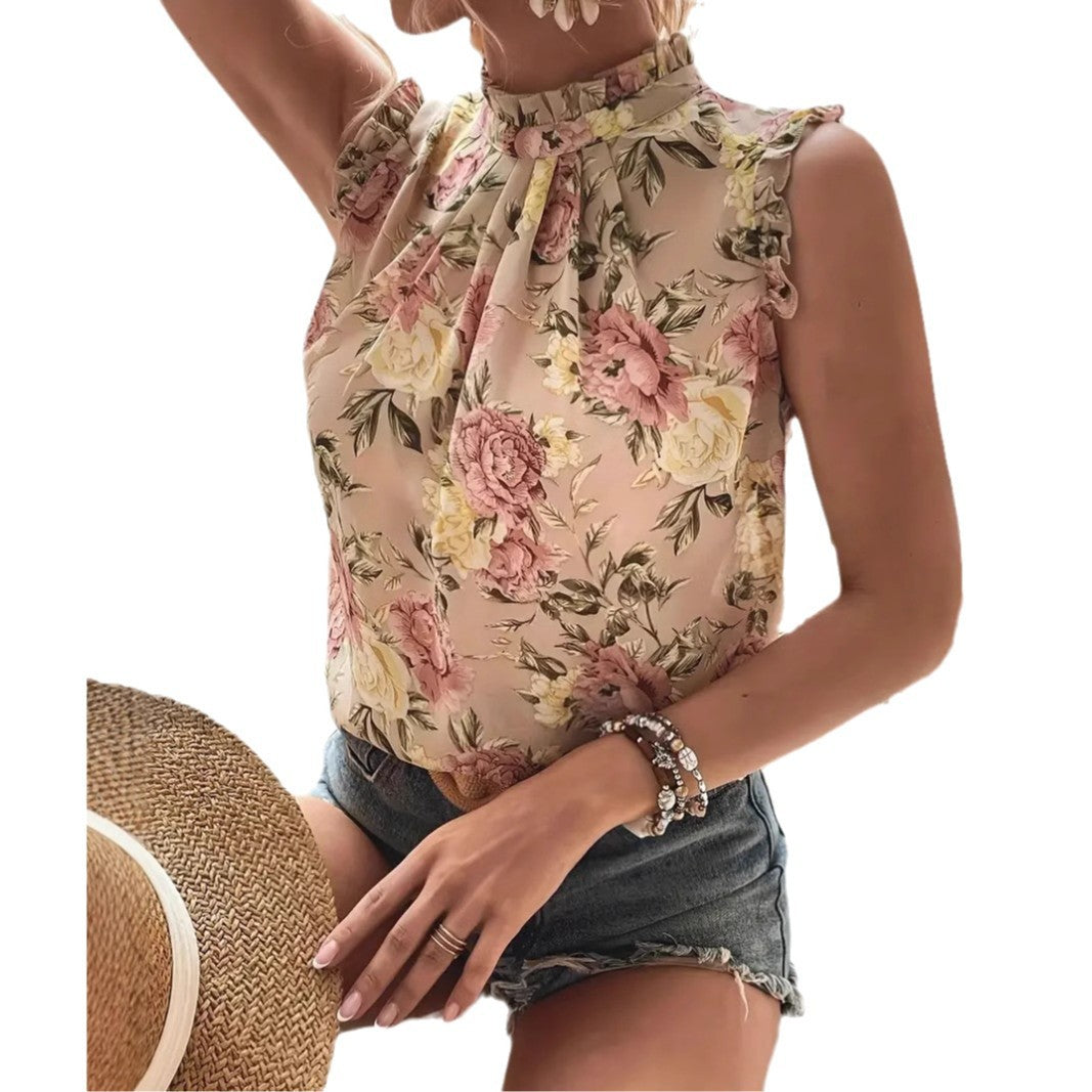 Dame rynket bluse med højhalsede krave og blomsterdesign Stilla