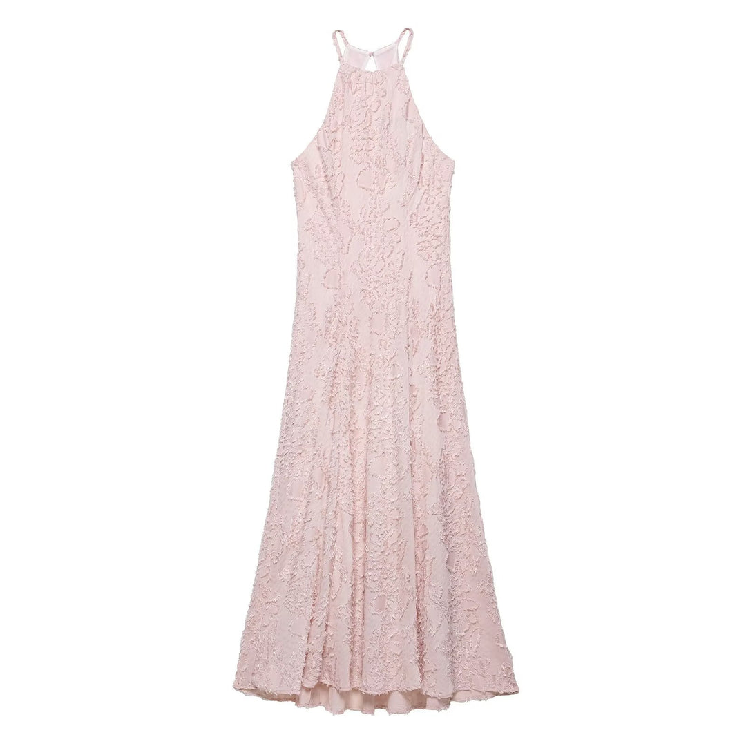 Femme Halterneck Spids Maxi Kjole med Flydende Silhuet Stilla