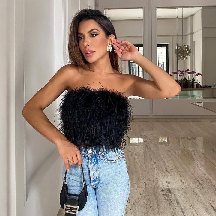 Dame Trendy Cropped Top med Fjer Stilla
