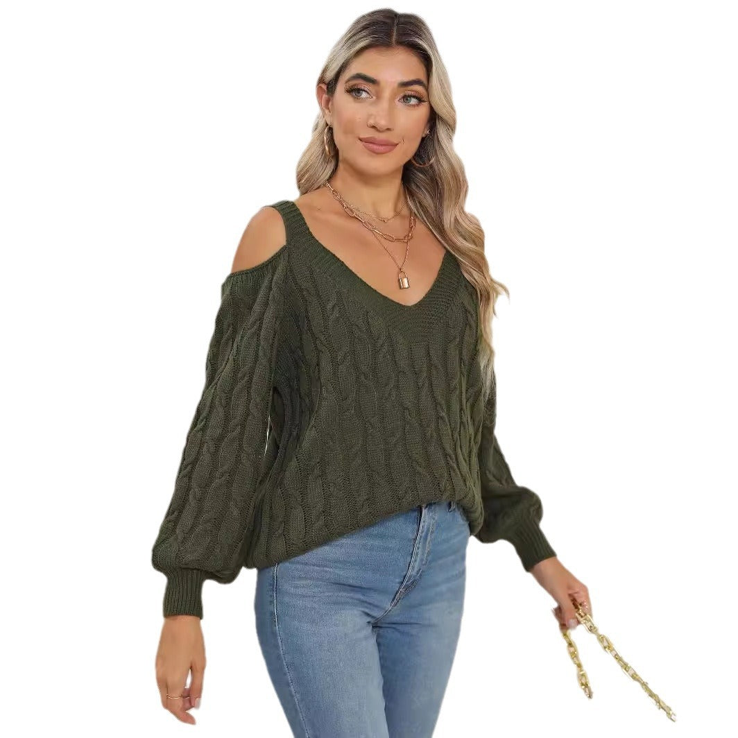 Dame strikpullover med dyb V-hals og afslappet off-shoulder-design Stilla