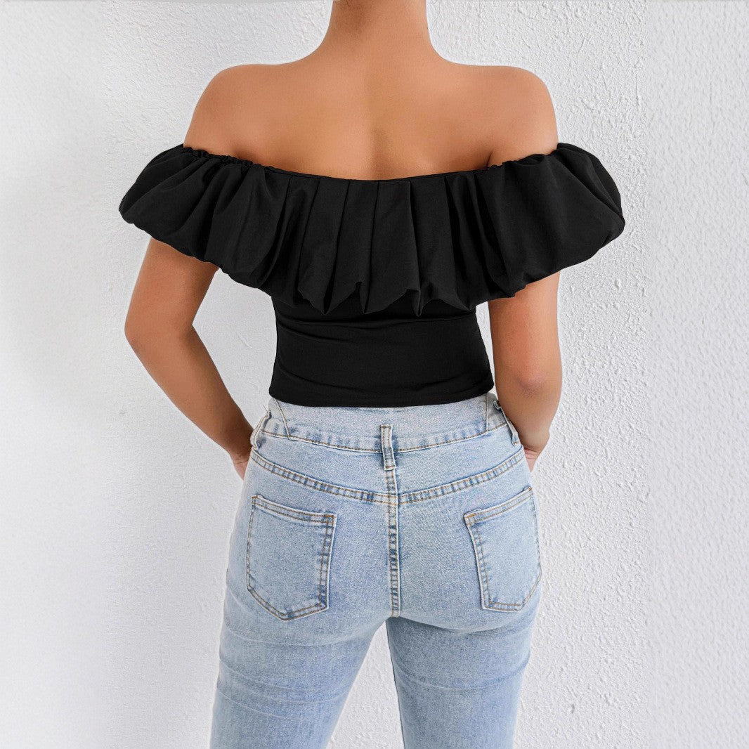 Dame Off-Shoulder Ryshe-skjorte med figursyet snit Skovae