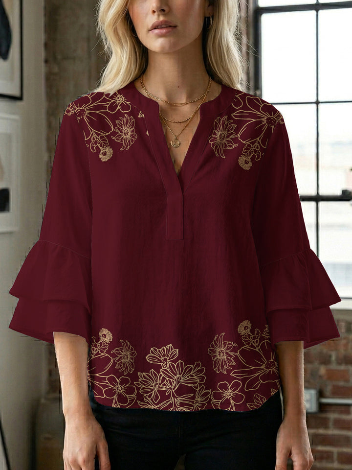 Damebluse med voluminøse rynkede ærmer og blomstertryk Skovae