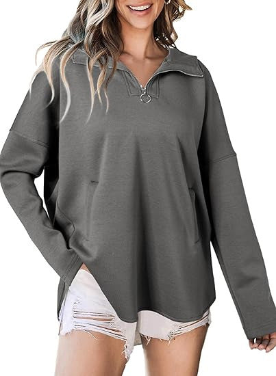Dame behagelig oversized pullover med halv-lynlås og praktiske lommer Stilla