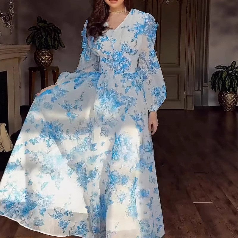 Dame Elegant maxikjole med blomster mønstre og gennemsigtige ærmer Stilla