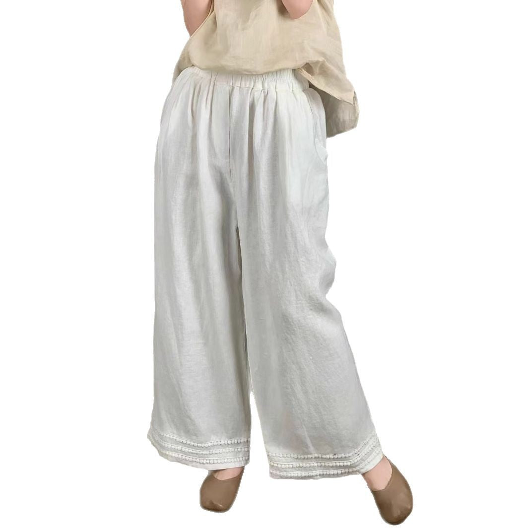 Femme Højskåret Løs Linned Culottes med Dekorativt Bånd Stilla