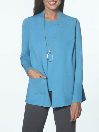 Dame strikjakke med elegant cashmere-look og dyb krave Stilla