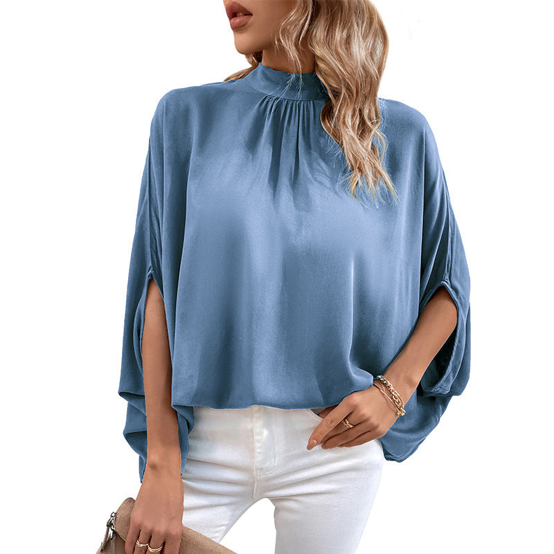 Dame top Elegant højkrave bluse med slids i siden Stilla
