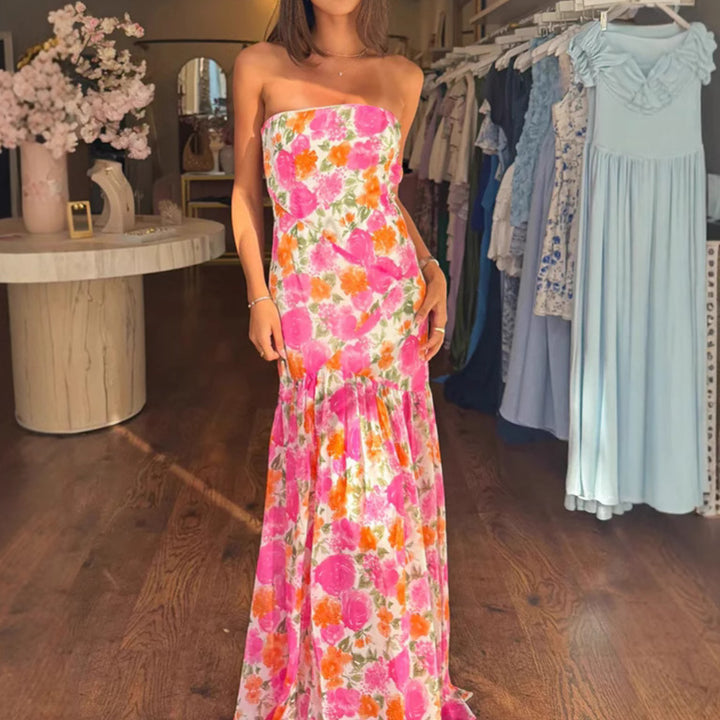 Dame Maxikjole med strapless design og blomster mønster Stilla