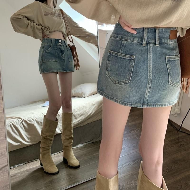 Femme Høj Talje Denim Mini-Nederdel Stilla