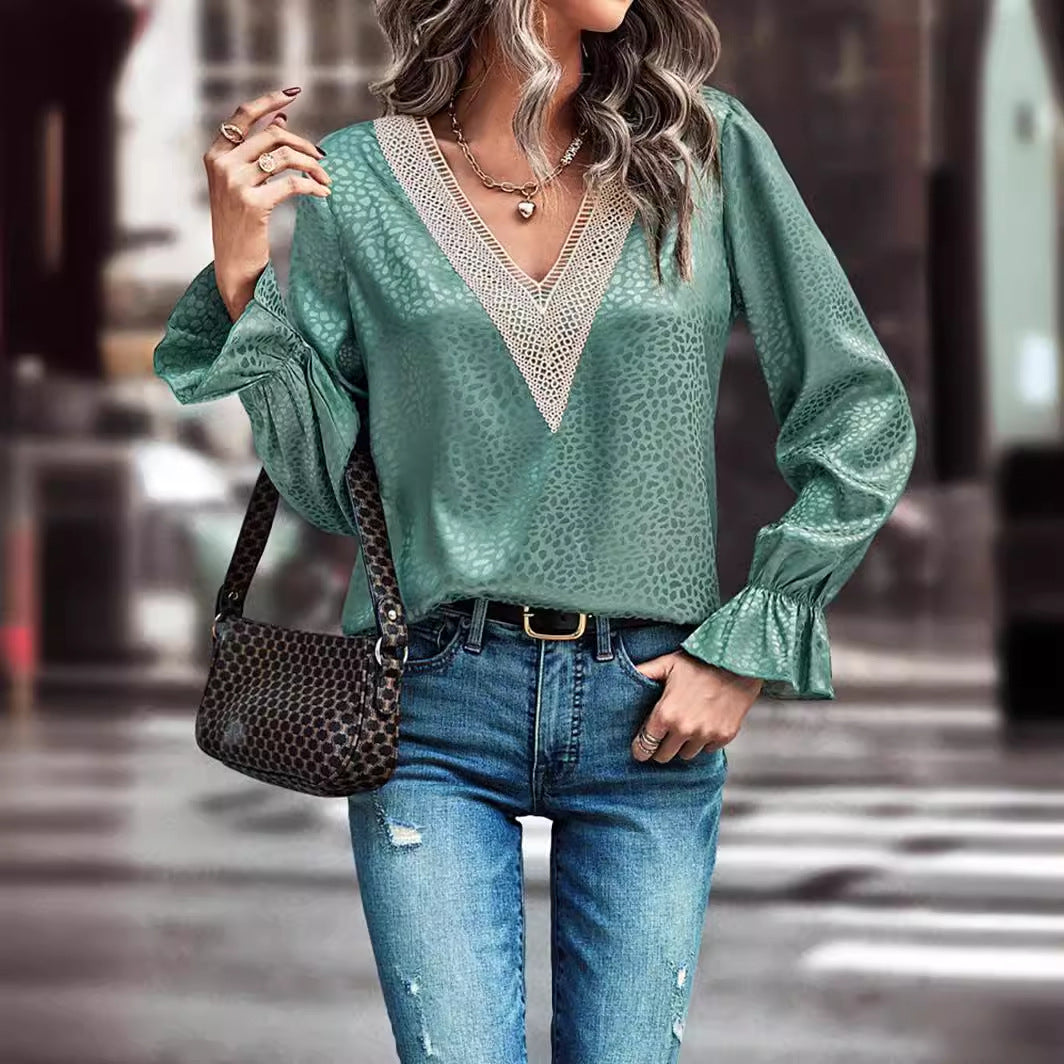 Dame Elegant Bluse med V-udskæring og Spids Accenter Stilla