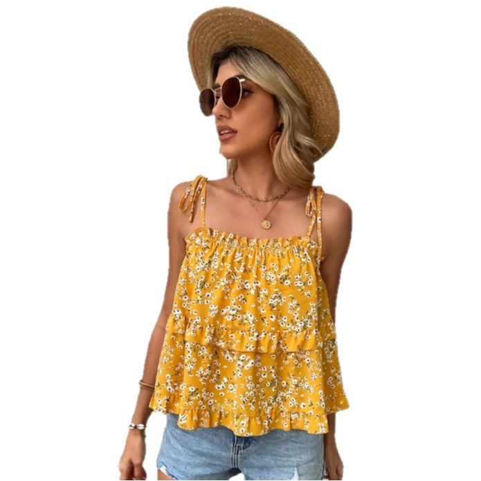Dame Rynket Lag Blomster Camisole Top Stilla