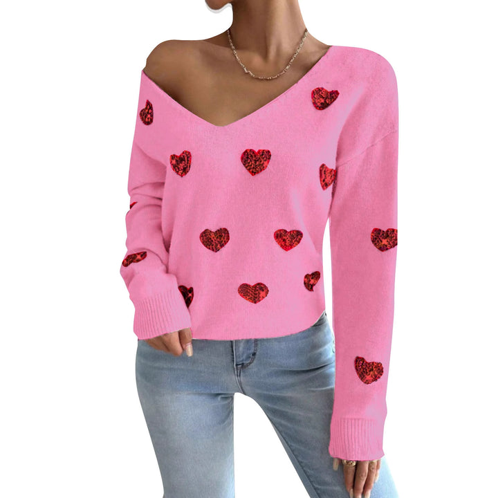 Dame oversized sweater med dyb V-hals og hjerte motiv Stilla