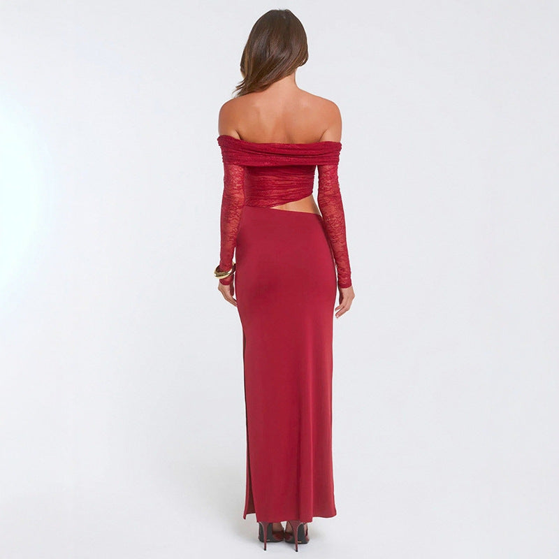 Dame elegant off-shoulder maxikjole med asymmetrisk snit og gennemsigtig spids Skovae