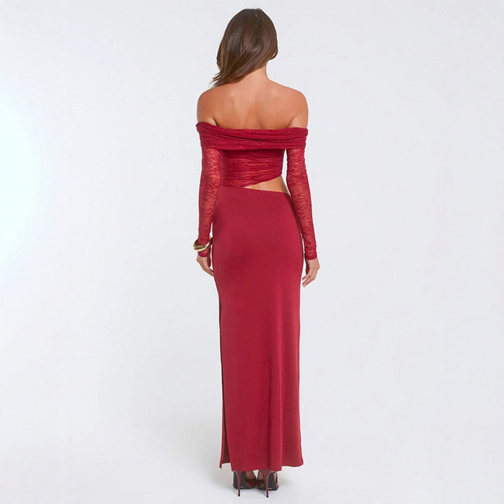 Dame elegant off-shoulder maxikjole med asymmetrisk snit og gennemsigtig spids Skovae
