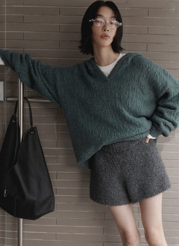 Dame V-hals oversized pullover med struktureret mønster Stilla