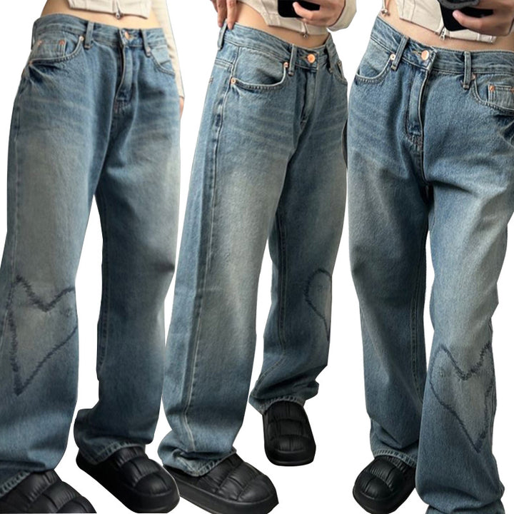 Damer Bredskårne Denim-Jeans med Hjerte-design Stilla