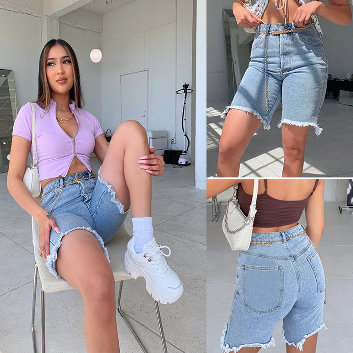 Dame Løse Denim Shorts med frynset kanter og høj talje Stilla