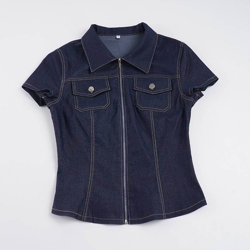 Kvinde Korte ærmer Denim-bluse med moderne Lynlås-detaljering og Brystlommer Skovae