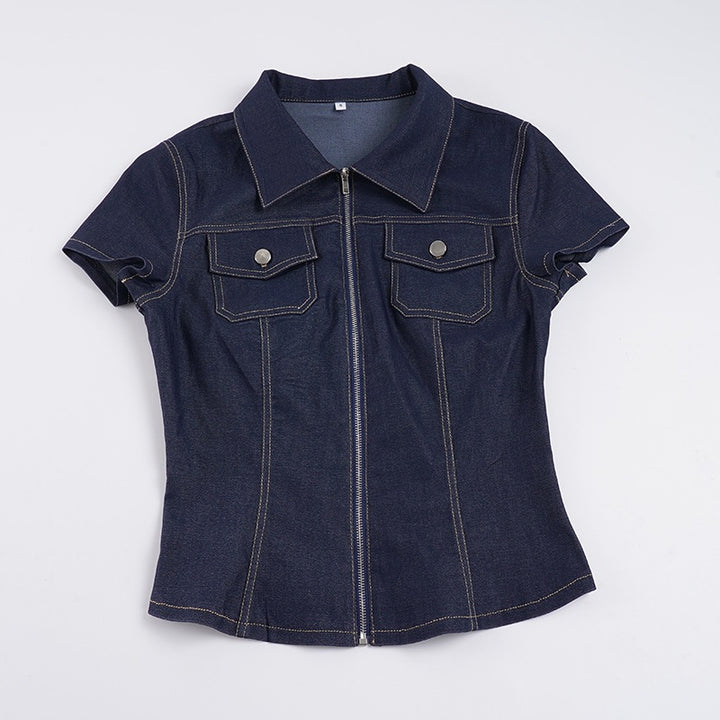Kvinde Korte ærmer Denim-bluse med moderne Lynlås-detaljering og Brystlommer Skovae