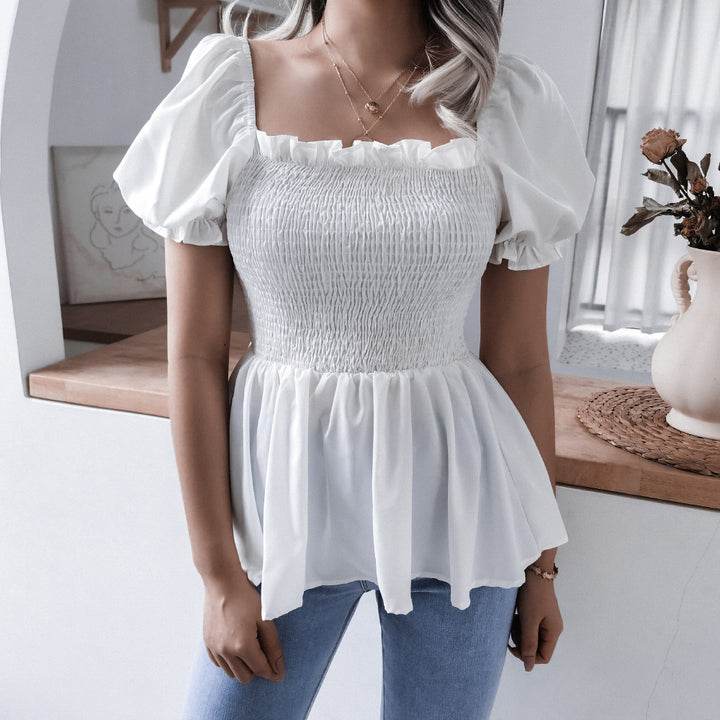Dame puffærme bluse med flæsedetaljer og elastisk bund Stilla
