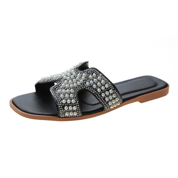 Dame mode slide-sandaler med funklende perle- og rhinestones dekoration Stilla