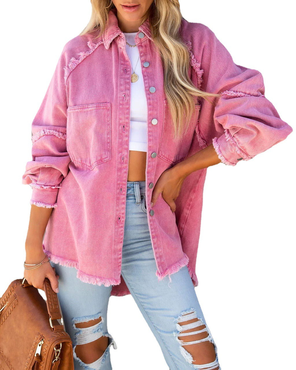 Dame Oversized Denim Skjorte Jakke med Flosset Detalje Stilla