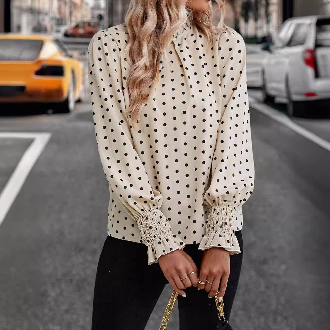 Dame elegant bluse med puffærmer og prikkemønster Stilla