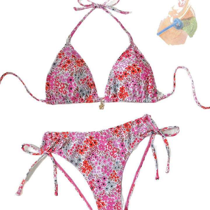Dame trekant-bikini med justerbar bindebånd og feminint blomsterdesign Skovae