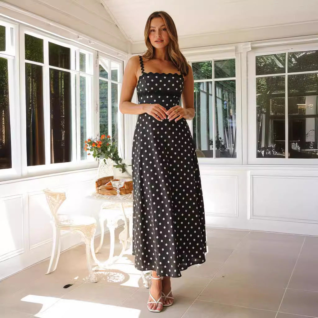 Dame maxikjole med blonder og legende polka-dot mønster Skovae