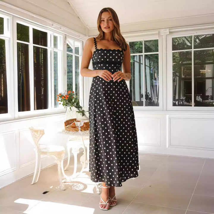 Dame maxikjole med blonder og legende polka-dot mønster Skovae