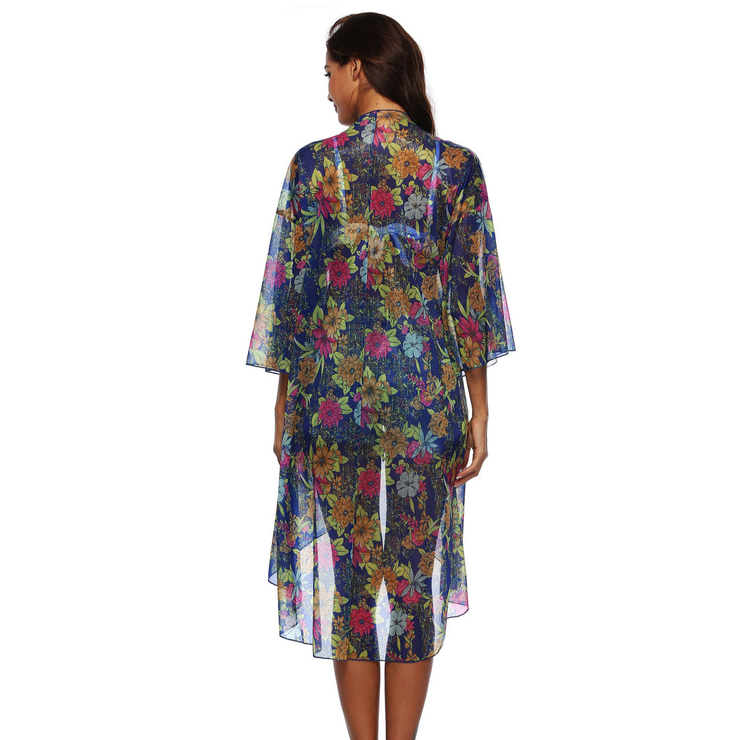 Dame transparent floral strand kimono med voluminøse ærmer Stilla