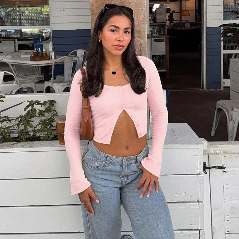 Dame Langærmet Crop-Top med raffineret knaplukning Skovae