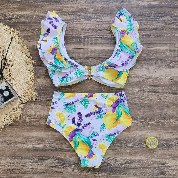 Dame bikini sæt med florale flæse detaljerne og højt skåret bund Stilla