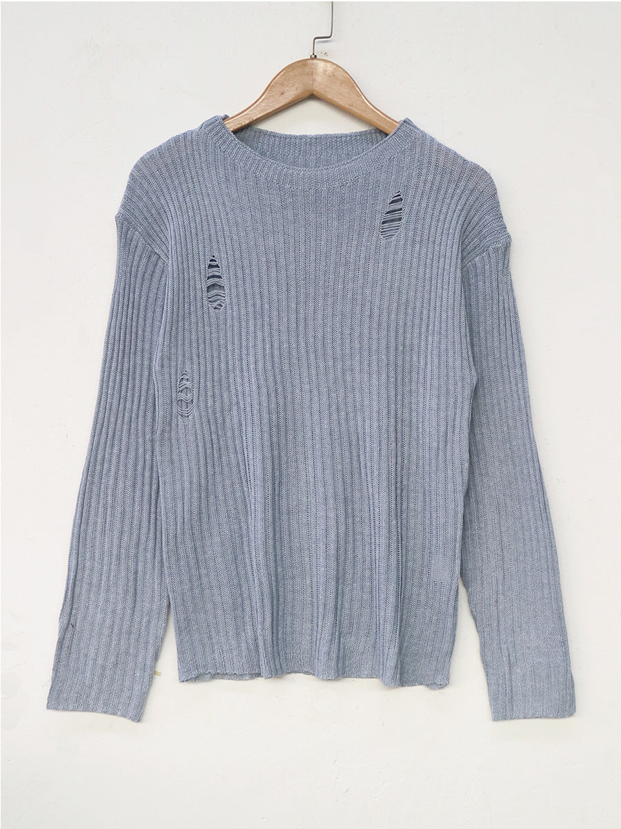 Dame afslappet strikpullover med fashionable rib og stilfulde revner Stilla