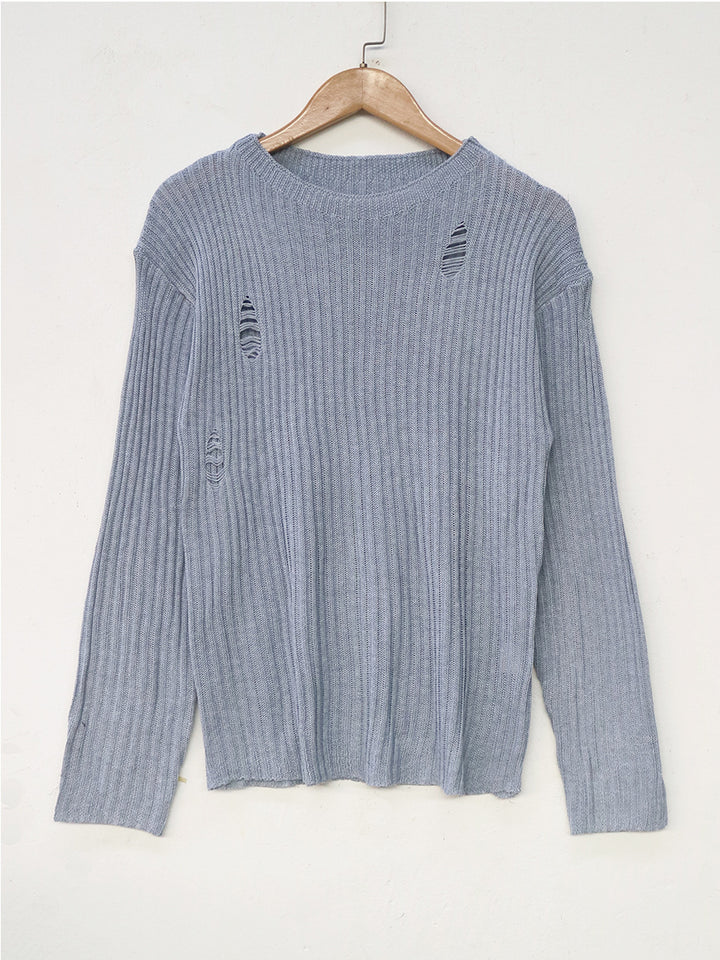 Dame afslappet strikpullover med fashionable rib og stilfulde revner Stilla