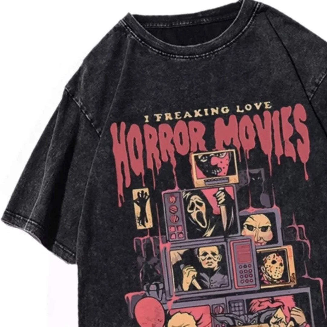Dame T-shirt med kreativt horrorfilm-motiv og afslappet oversized-snits Stilla