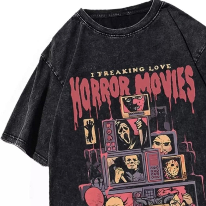 Dame T-shirt med kreativt horrorfilm-motiv og afslappet oversized-snits Stilla