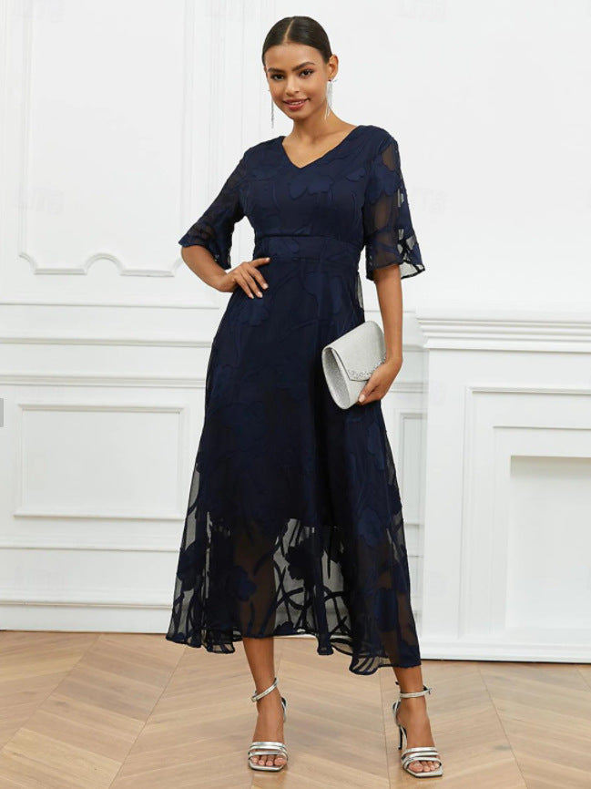 Dame elegant Midikjole med blomster Chiffon og V-udskæring Stilla