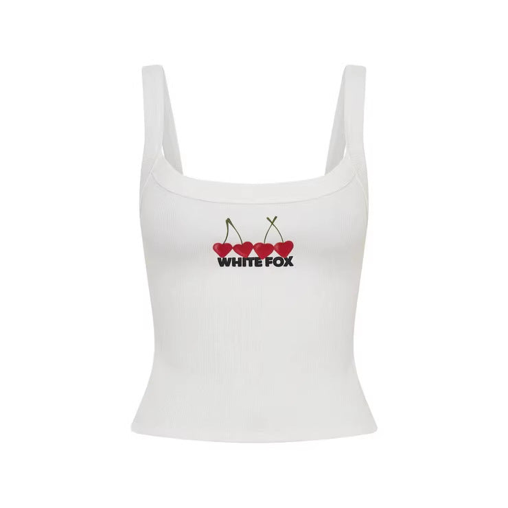 Dame Crop-top med kirsebærbroderi og elastisk bomuldsstof Skovae