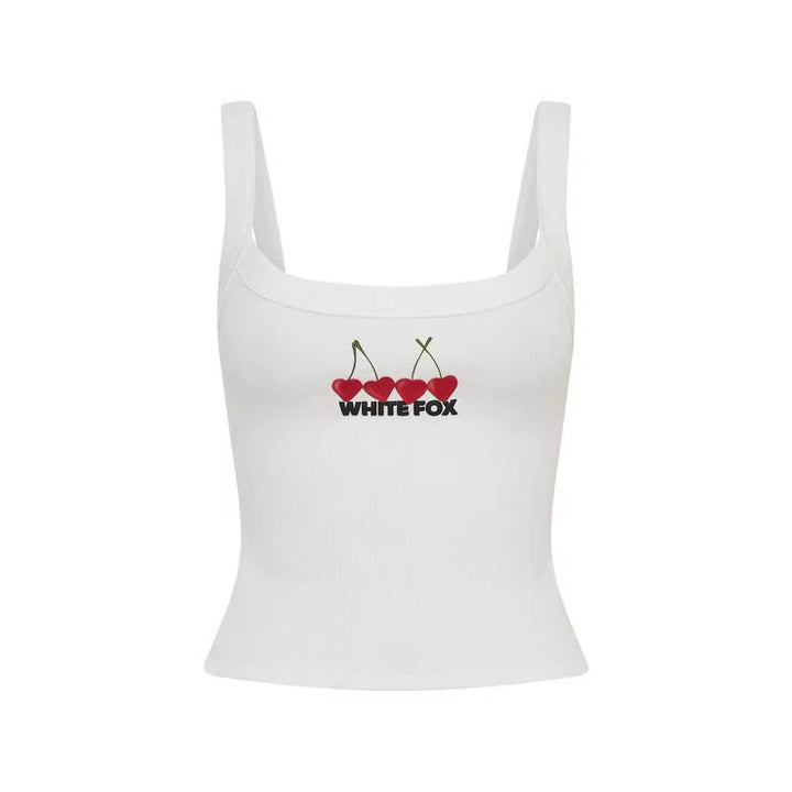 Dame Crop-top med kirsebærbroderi og elastisk bomuldsstof Skovae