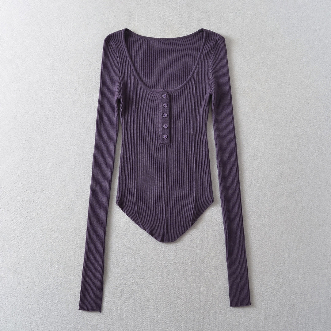 Dame Langærmet bodystocking i elegant ribdesign med knapstolpe Stilla