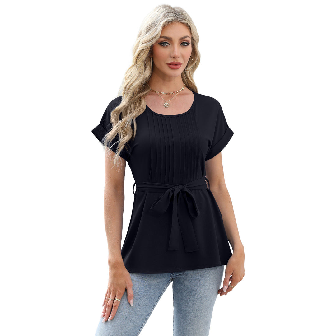 Dame elegant bluse med talje bælte og folder Stilla