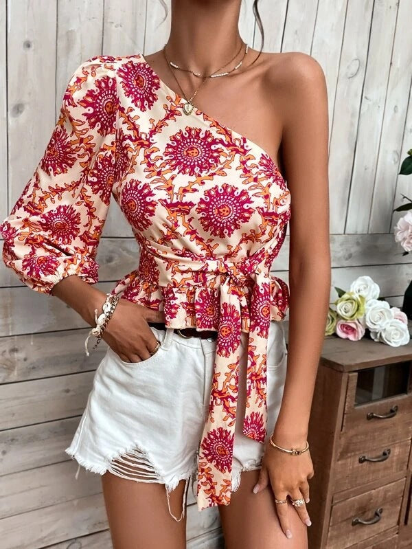 Dame asymmetrisk En-skulder Peplum Top Stilla