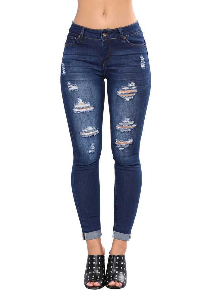 Damer højtaljede skinny jeans i moderne destroyed-look med frynset kant og figurformende design Stilla