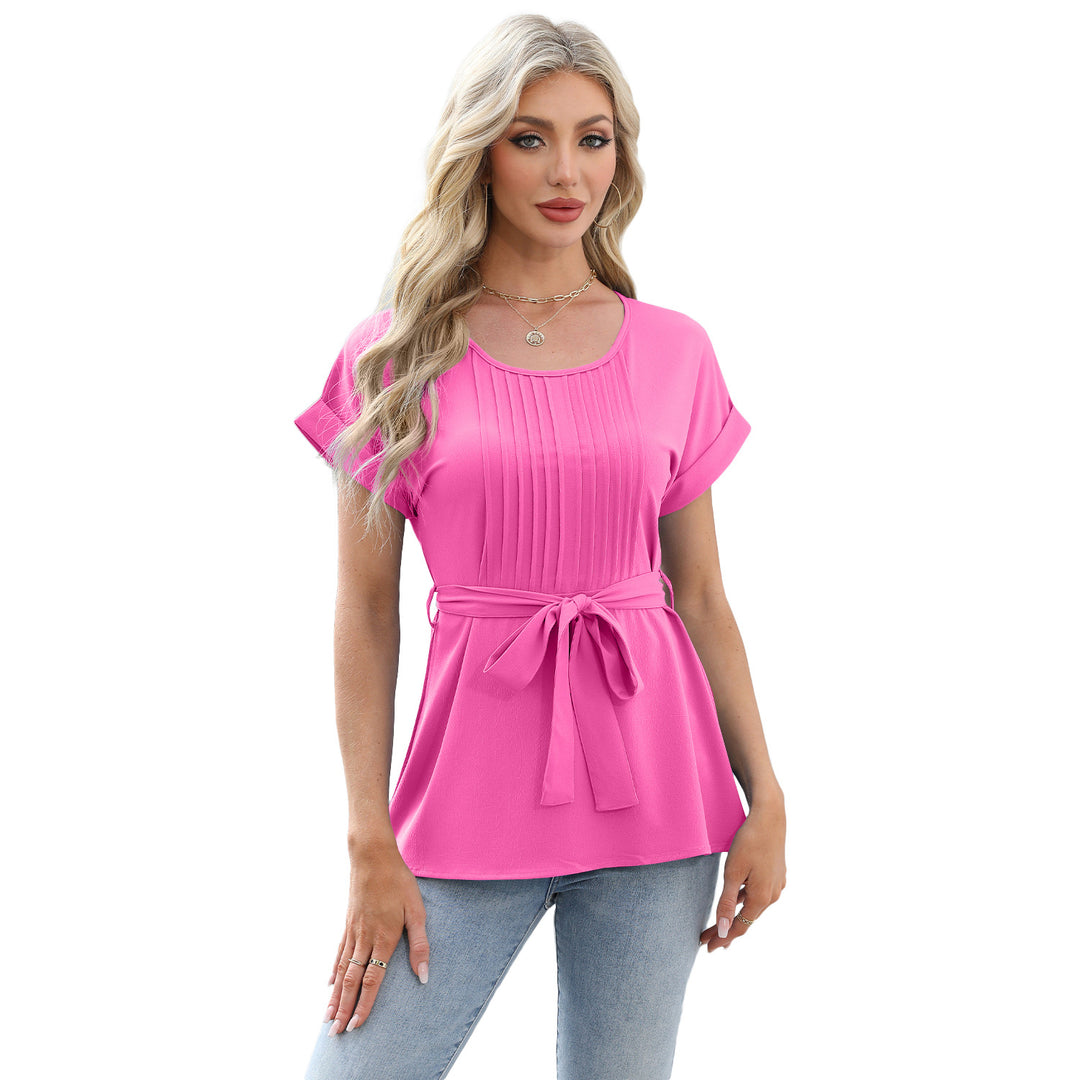 Dame elegant bluse med talje bælte og folder Stilla